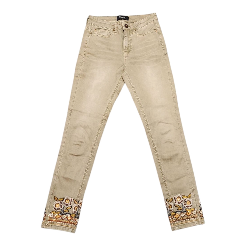 Desigual Exotic Jeans Tan Cropped Jeans with Ankle Embroidery & Zippers NWOT